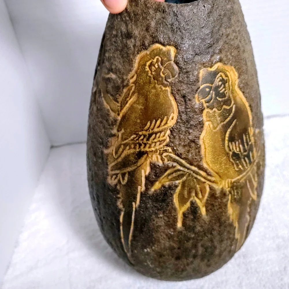 Vintage JJO Holland Holz Pottery Vase Bird Motif Signed Numbered Decor‎